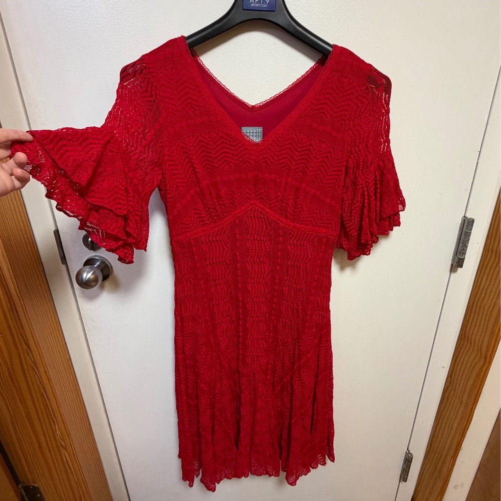 Vintage‎ Red Lace Midi Dress Ruffle Sleeve Sz Large Romantic Coquette Cottage
